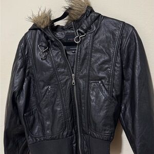 Black Faux Leather Jacket with Fur Hood